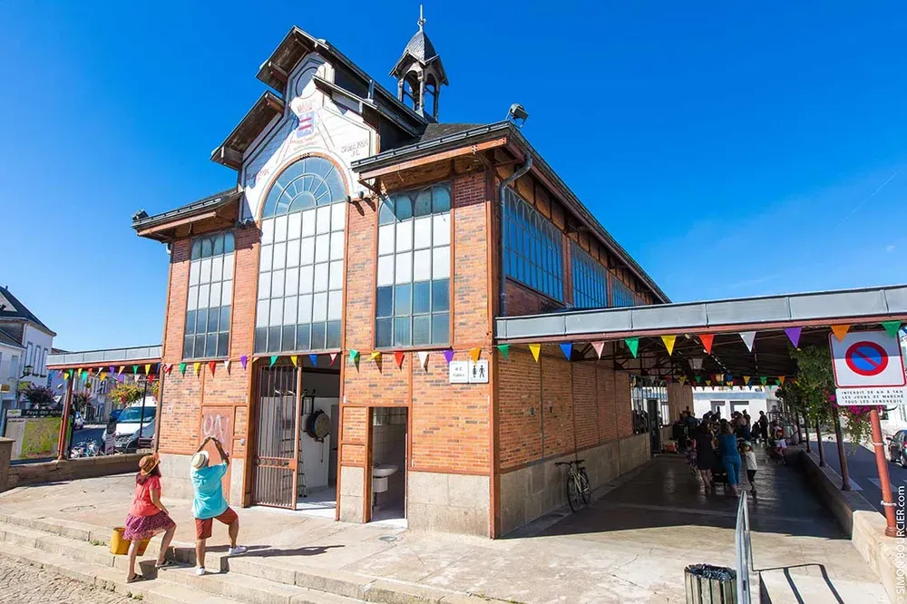 ommerçants et habitants sous les halles animées du marché des Achards.